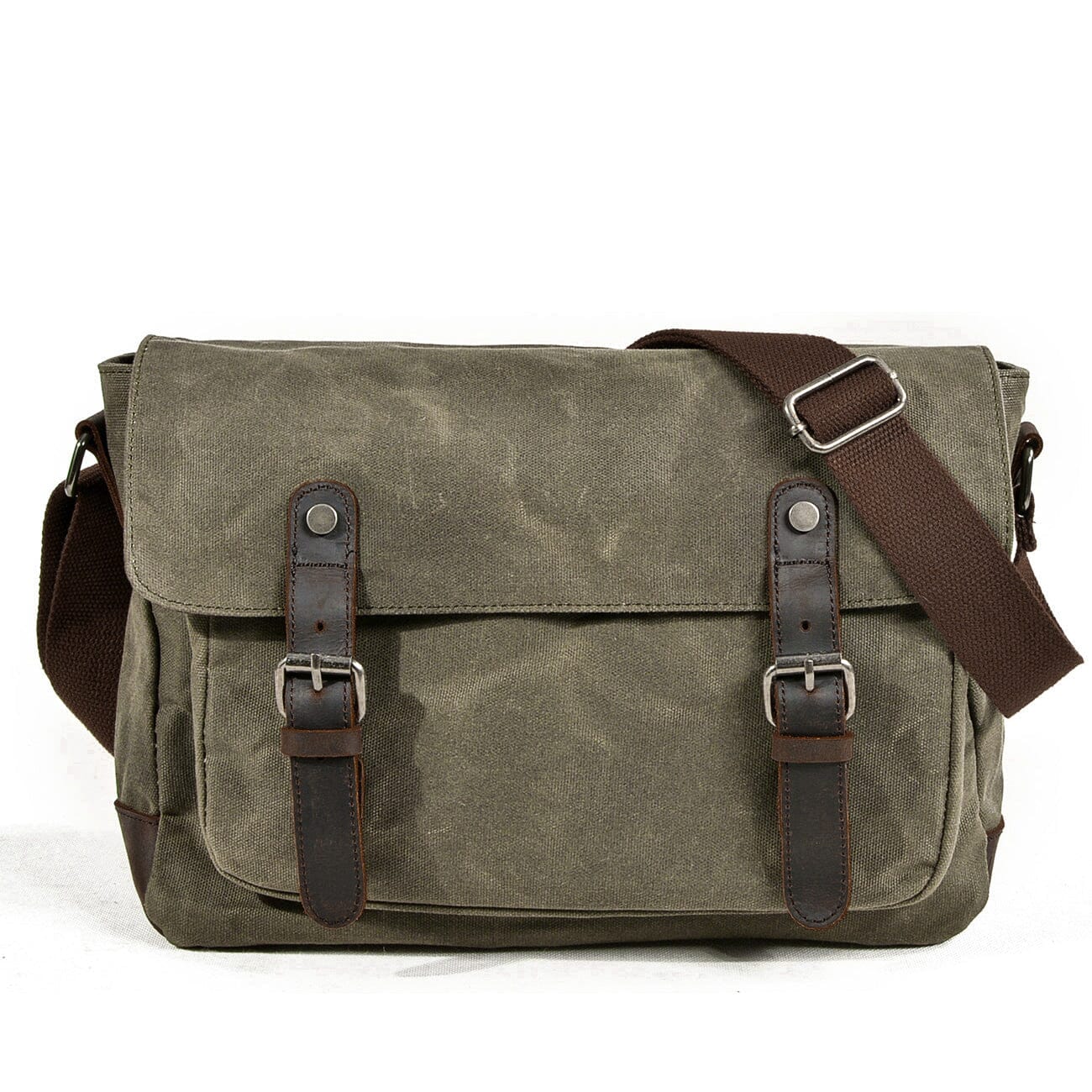 shoulder sling bag, army green, waxed cotton canvas and crazy horse leather