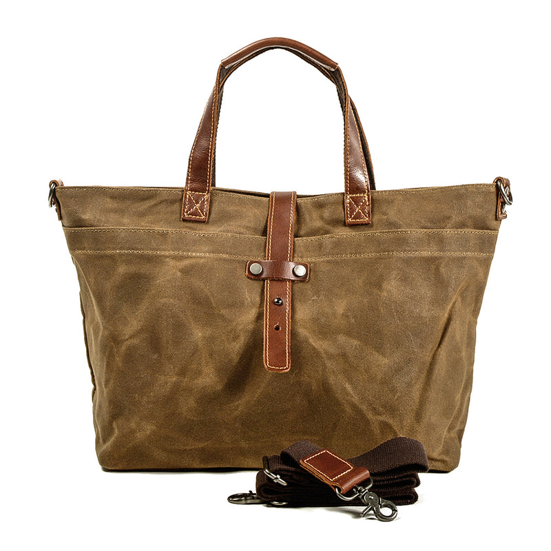 shoulder tote bag, khaki, waxed canvas and pull up leather straps