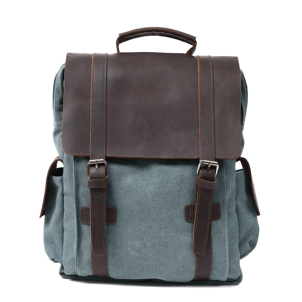 cute mini-canvas backpacks Women Canvas Backpack - Light Blue - Cotton Cloth & Leather - 16L - 15.6" Laptop Sleeve