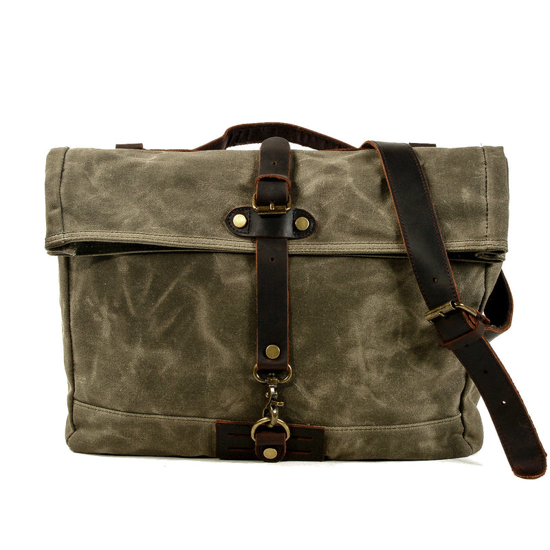 sac messager, vert armée, toile cirée et cuir véritable