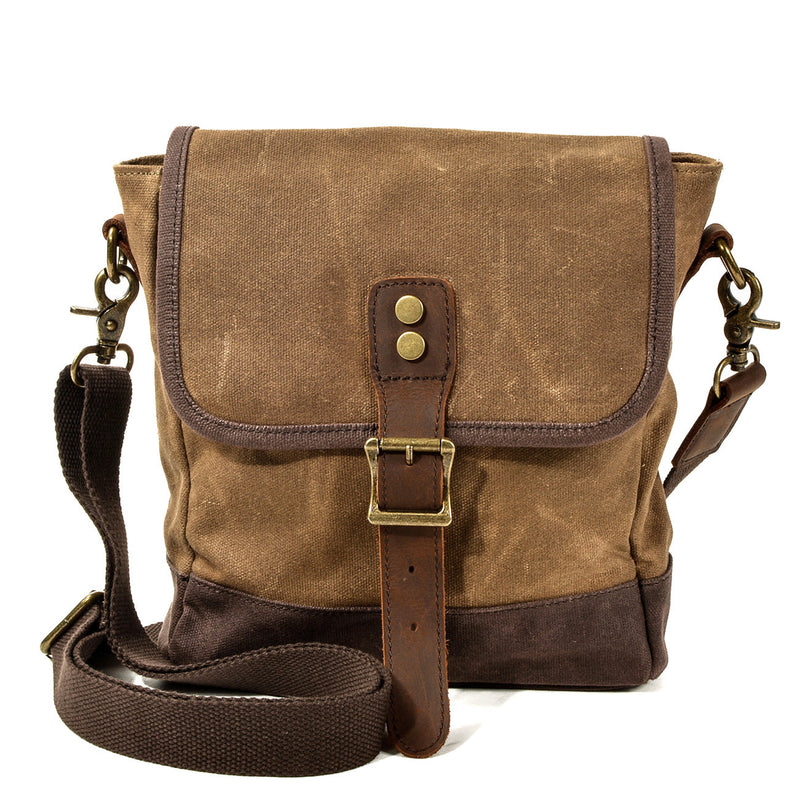 small sling bag, khaki, waxed canvas and leather straps