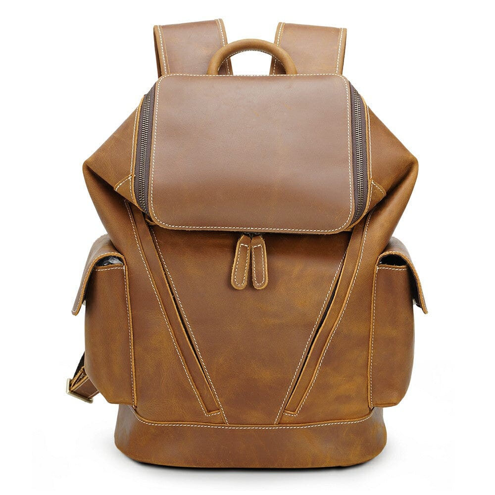 coffee soft leather backpack with front zipped pockets and side flap pockets