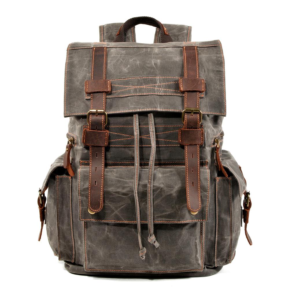 Canvas drawstring backpack, army grey, waxed canvas with leather details