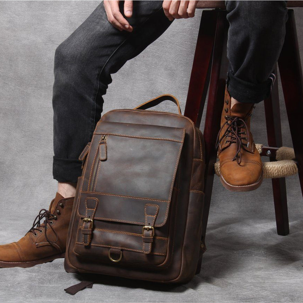 tan leather laptop backpack