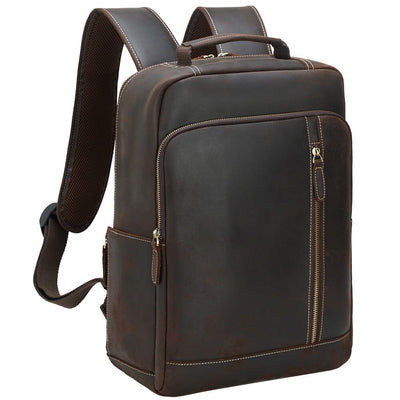 brown top grain leather backpack with adjustable shoulder strap