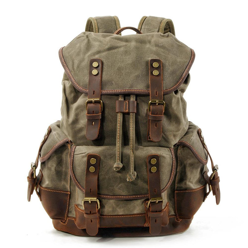 Canvas hiking backpack, army green, waxed canvas and leather