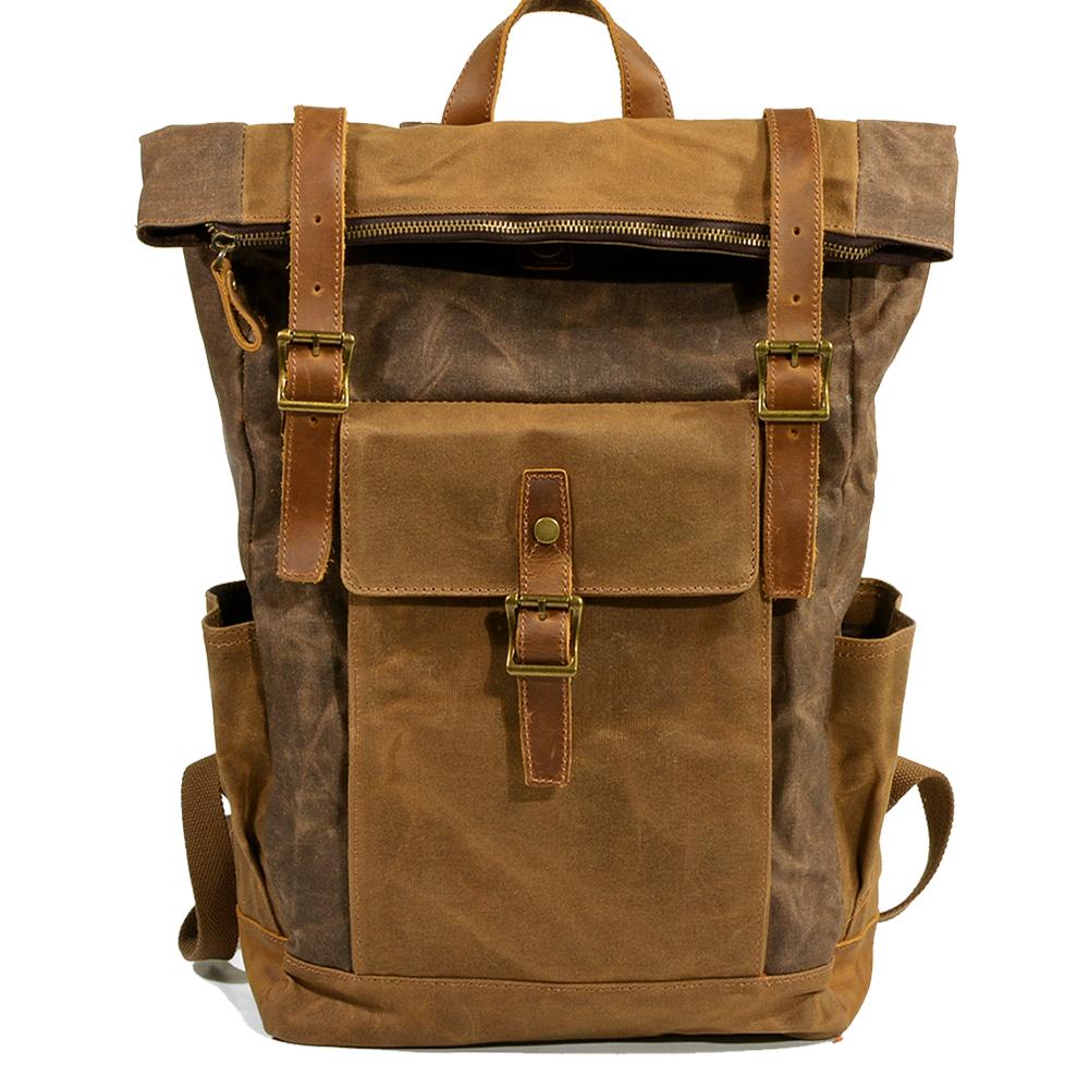 Men's canvas backpack, coffee brown, waxed canvas and leather