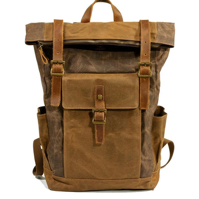 Men's canvas backpack, coffee brown, waxed canvas and leather