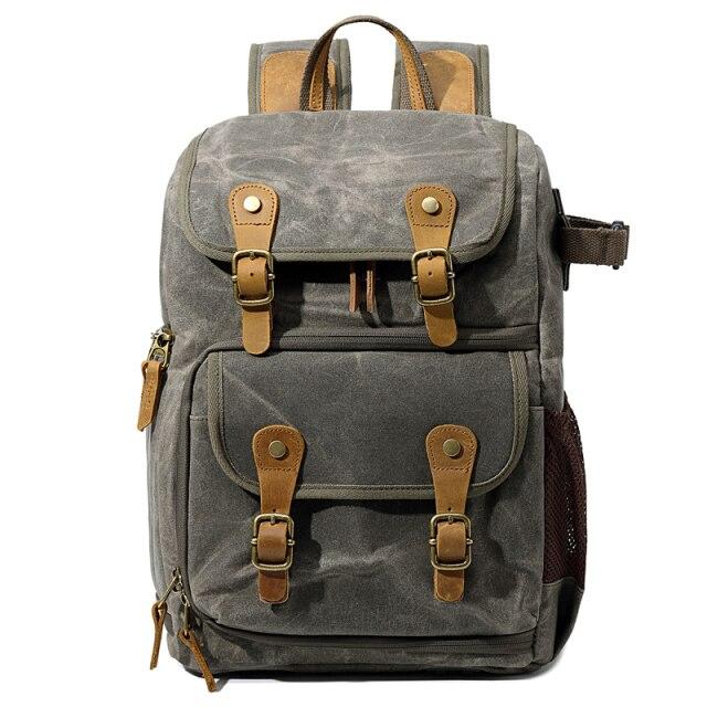 Canvas camera bag, army green, waxed canvas with leather