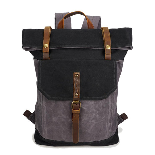 Vintage Backpack - Black/Grey - Waxed Canvas & Leather - 16L - 15.6
