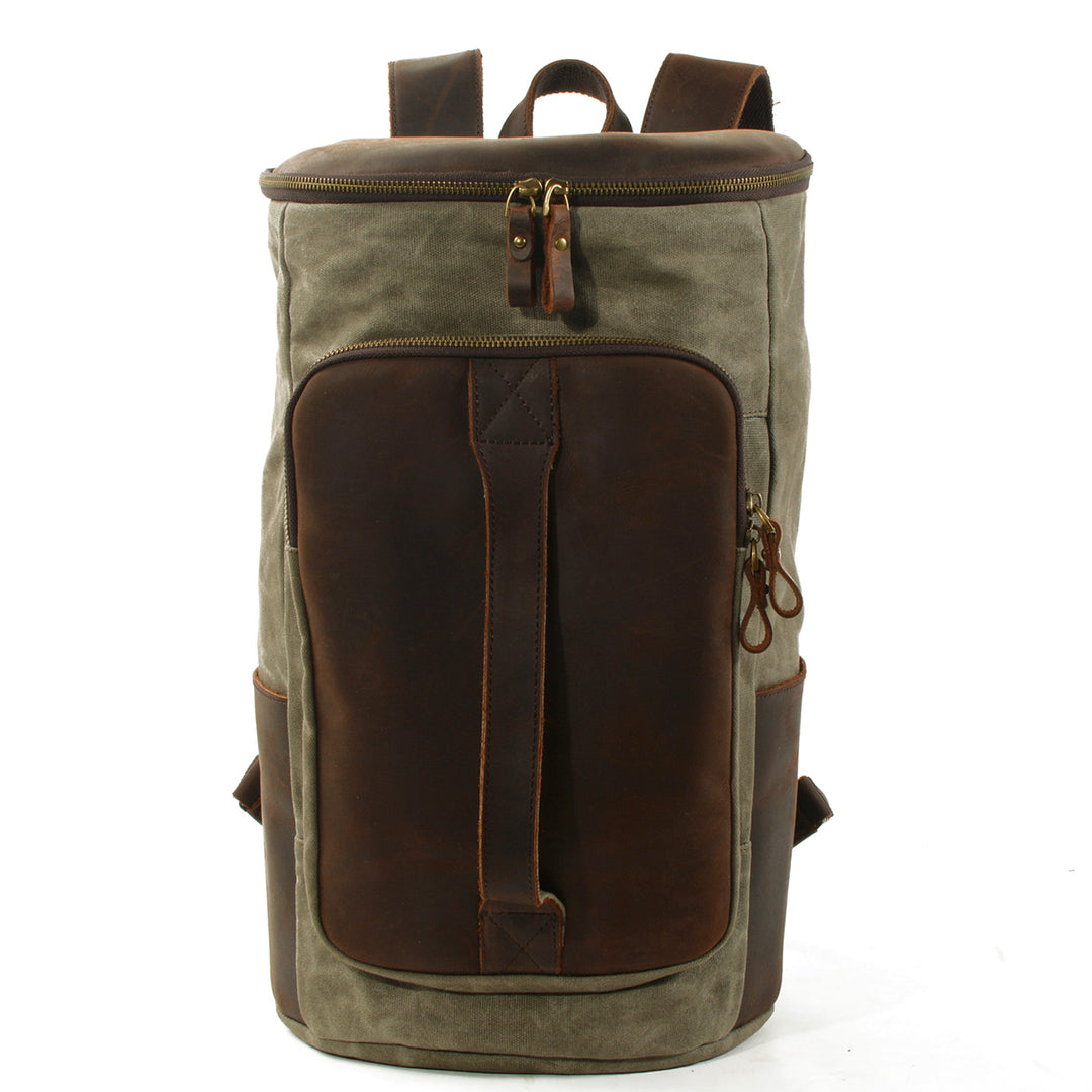 Vintage canvas rucksack in army green with crazy horse leather front panel and brass YKK zip, Eiken Amsterdam model