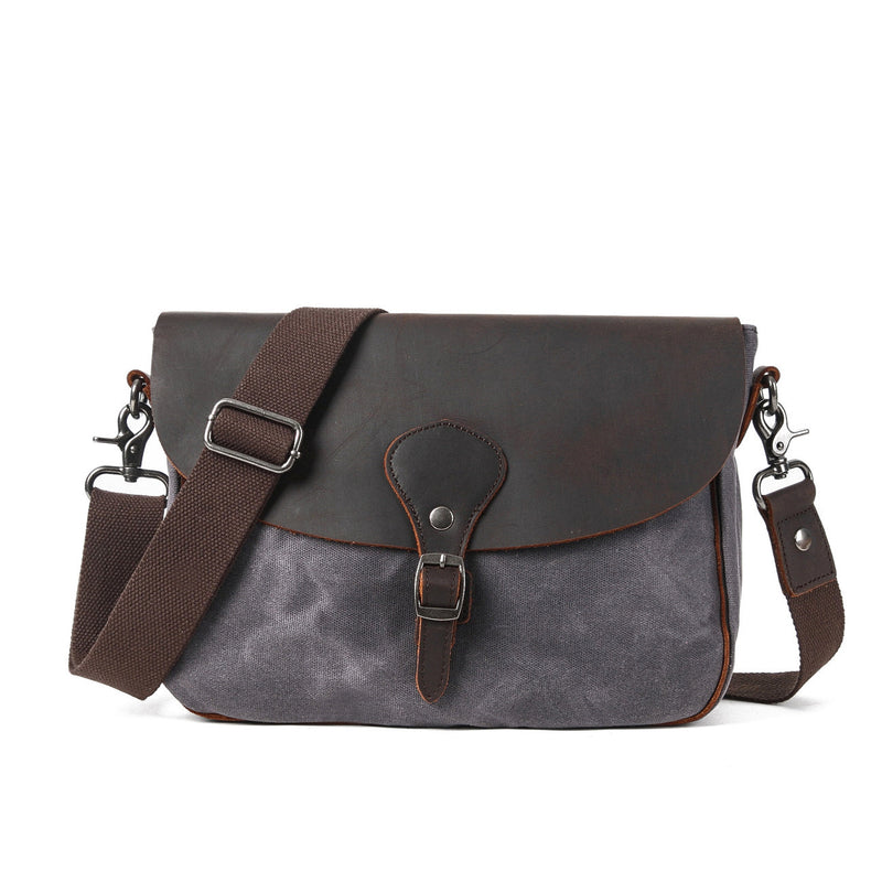 small crossbody bag, light grey, cotton canvas and crazy horse leather details