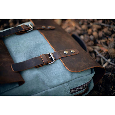 close up view on the magnetic buckles and leather cap of the helsinki backpack