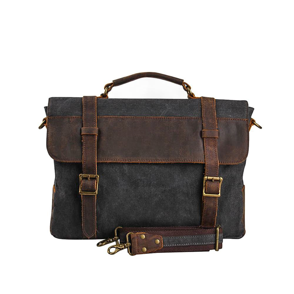 vintage messenger bag, dark grey, waxed cotton cloth and brown crazy horse leather