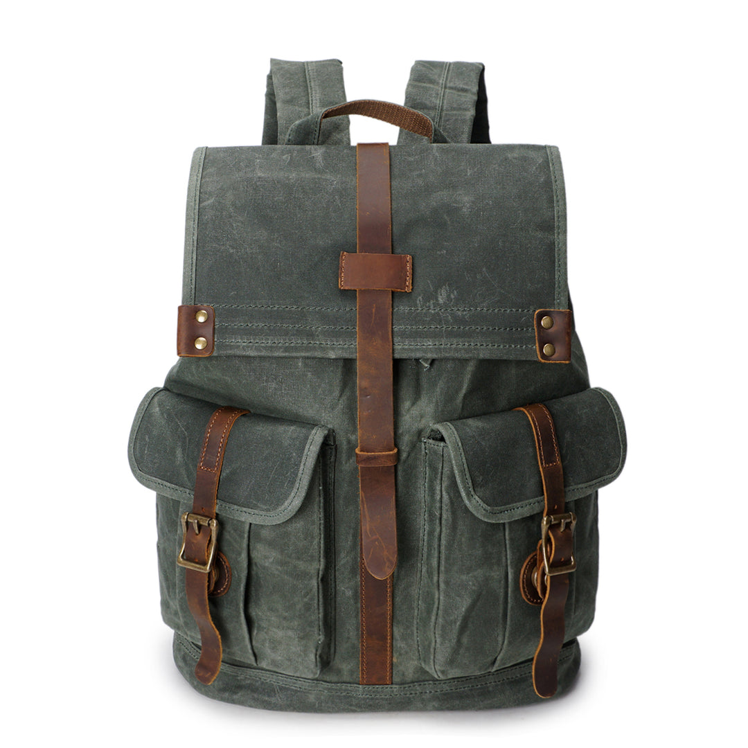 Vintage rucksack in emerald green with crazy horse leather flap, twin leather strap closures and antiqued brass buckles, Eiken Karlstad model