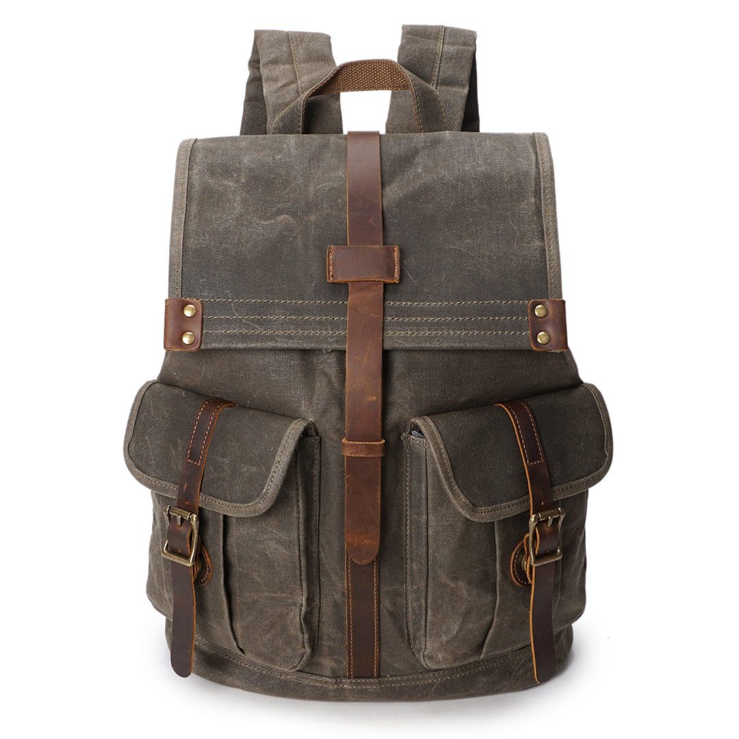 Vintage rucksack in army green with crazy horse leather flap, twin leather straps and brass buckle closures, Eiken Karlstad model