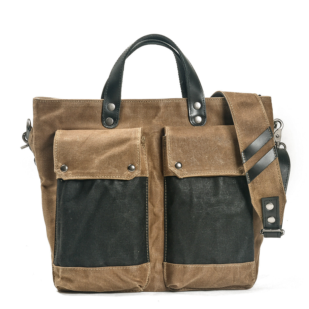 vintage shoulder bag, khaki, waxed cloth and authentic leather