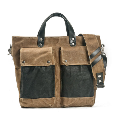 vintage shoulder bag, khaki, waxed cloth and authentic leather