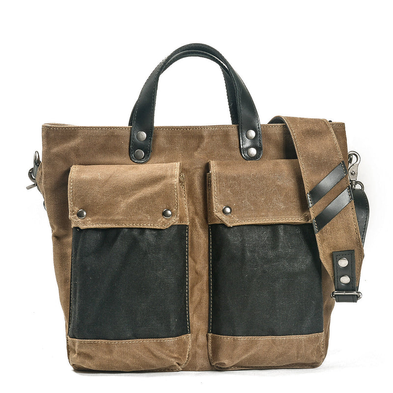 vintage shoulder bag, khaki, waxed cloth and authentic leather