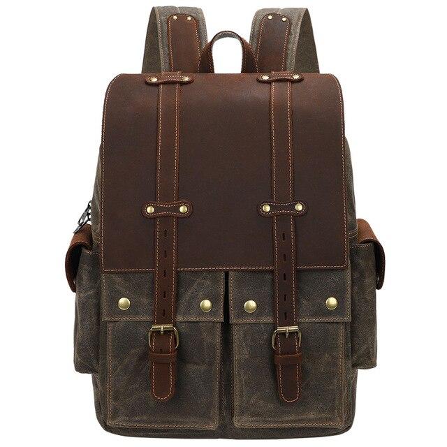 Vintage urban rucksack in army green with crazy horse leather flap, twin leather strap closures and brass buckle, Eiken Hoorn model