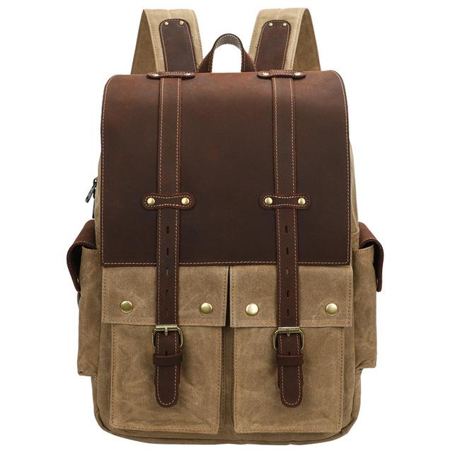 Vintage urban rucksack in khaki with crazy horse leather flap, twin leather strap closures and antiqued brass buckle, Eiken Hoorn model