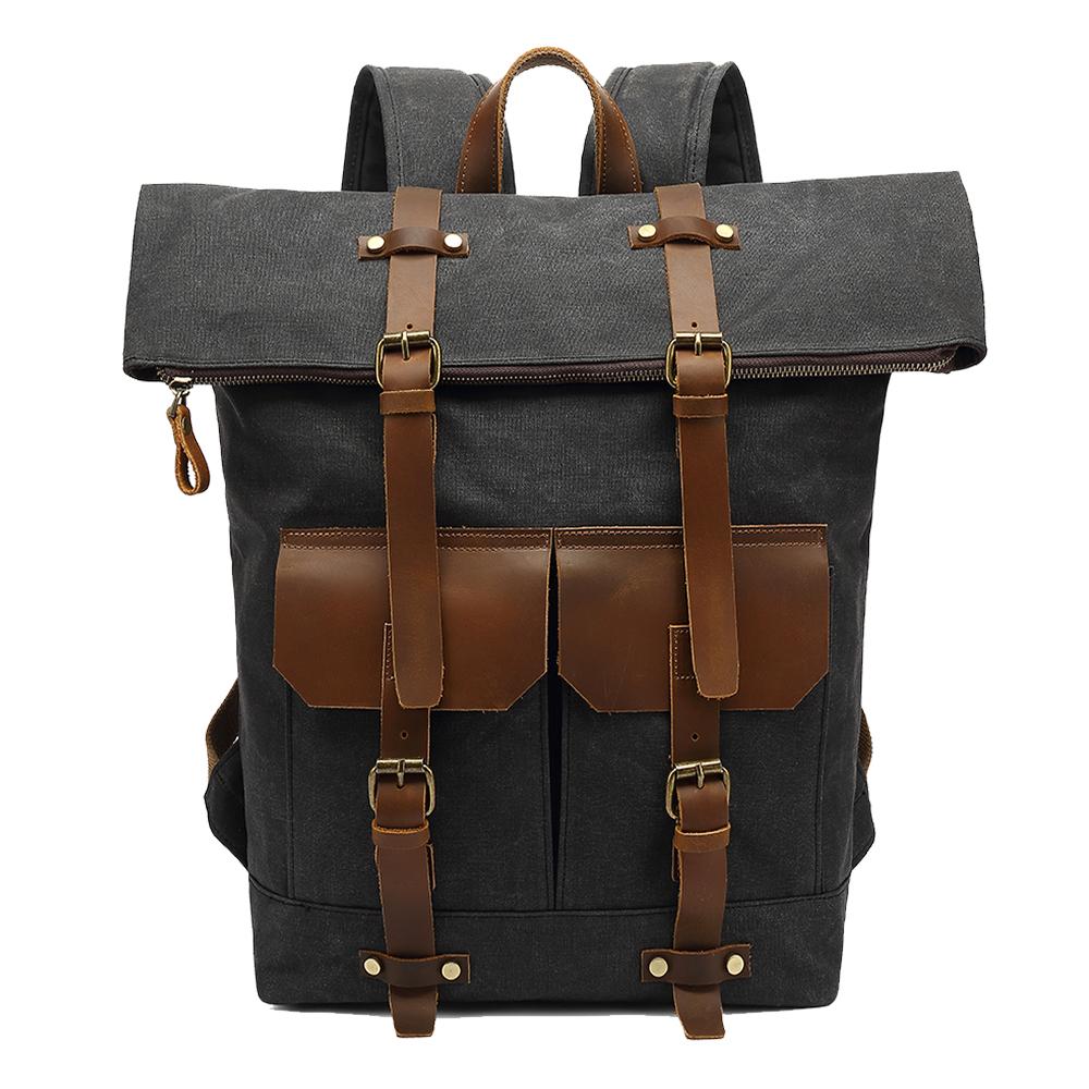 Waterproof rucksack in dark grey with waxed canvas body, crazy horse leather flap and water-resistant coating, Eiken Galway model