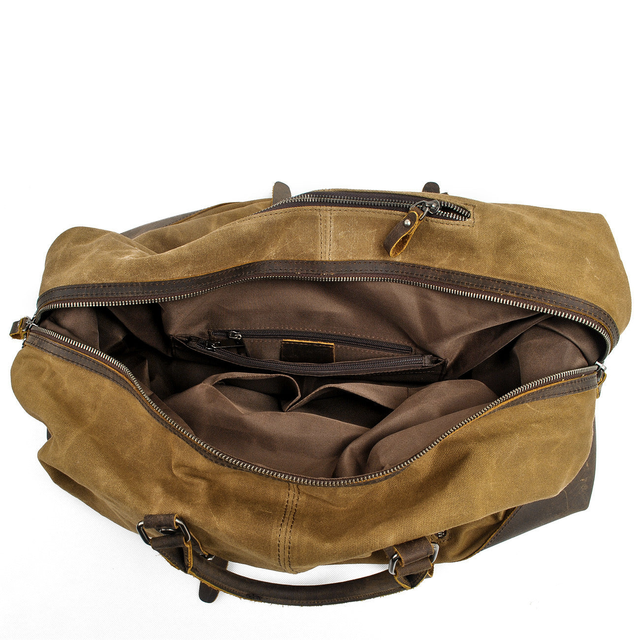 khaki waxed canvas duffle bag mens with roomy main organizer and zipped pockets