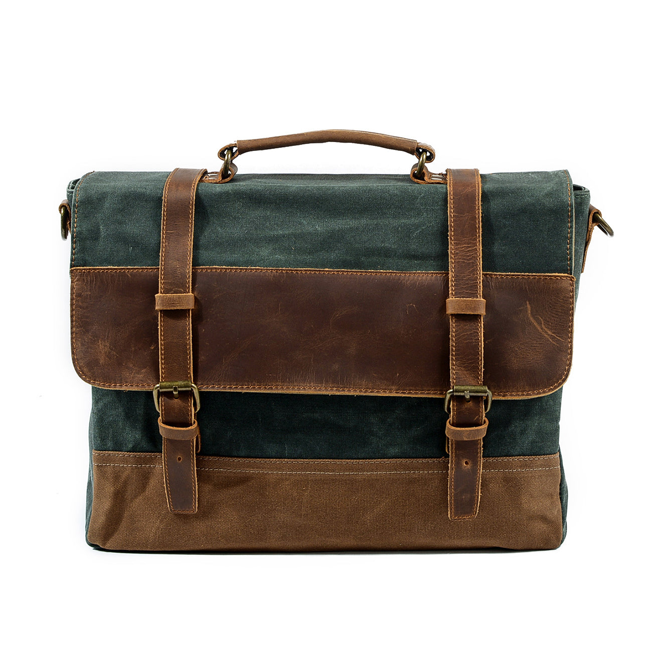 waxed canvas messenger bag, emerald, leather straps