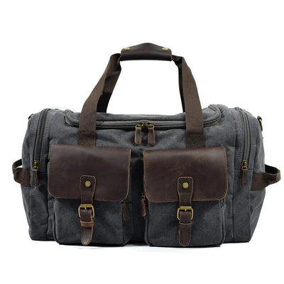 weekend duffle bag, grey, washed canvas and full grain leather straps