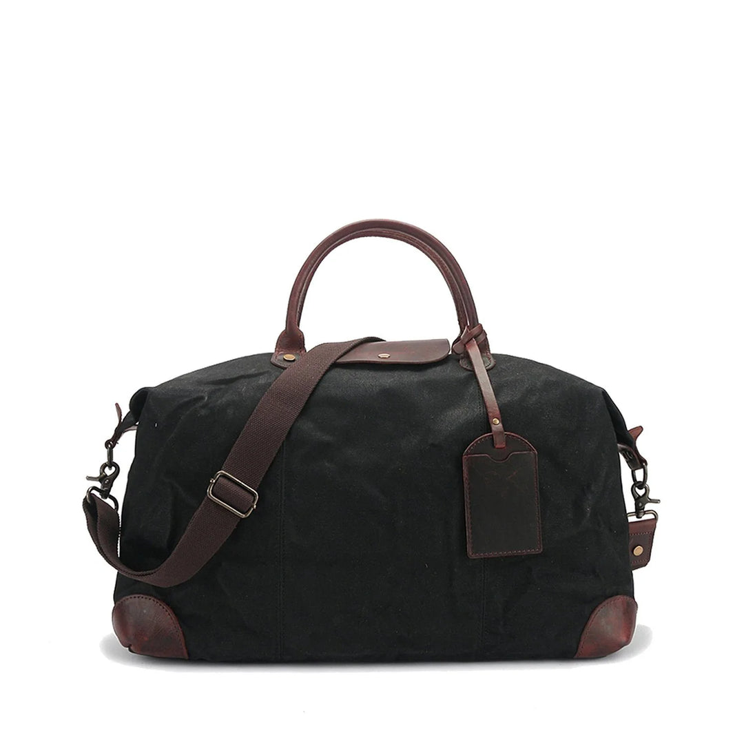 weekend holdall, black, waxed cotton cloth and authentic tanned leather