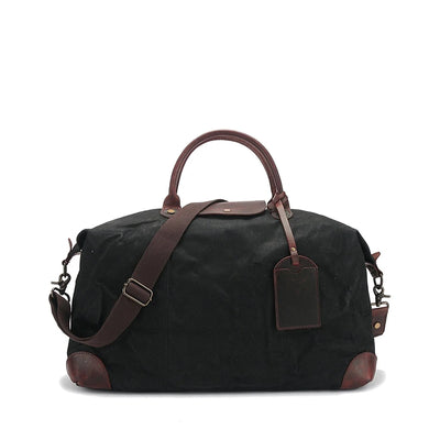 weekend holdall, black, waxed cotton cloth and authentic tanned leather