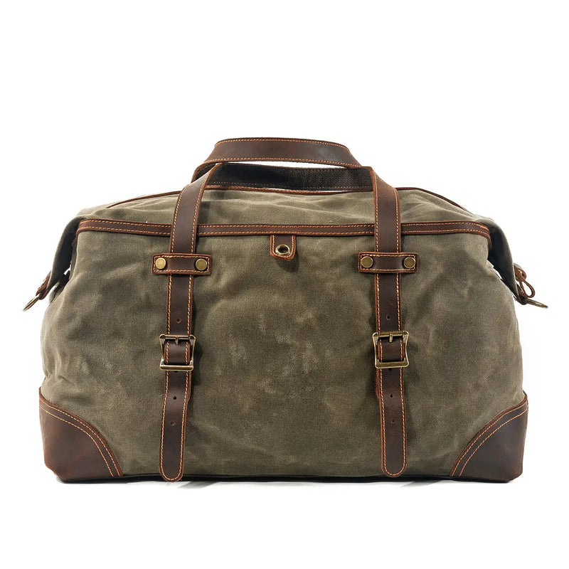 weekend travel bag, army green, waterproof canvas and genuine leather