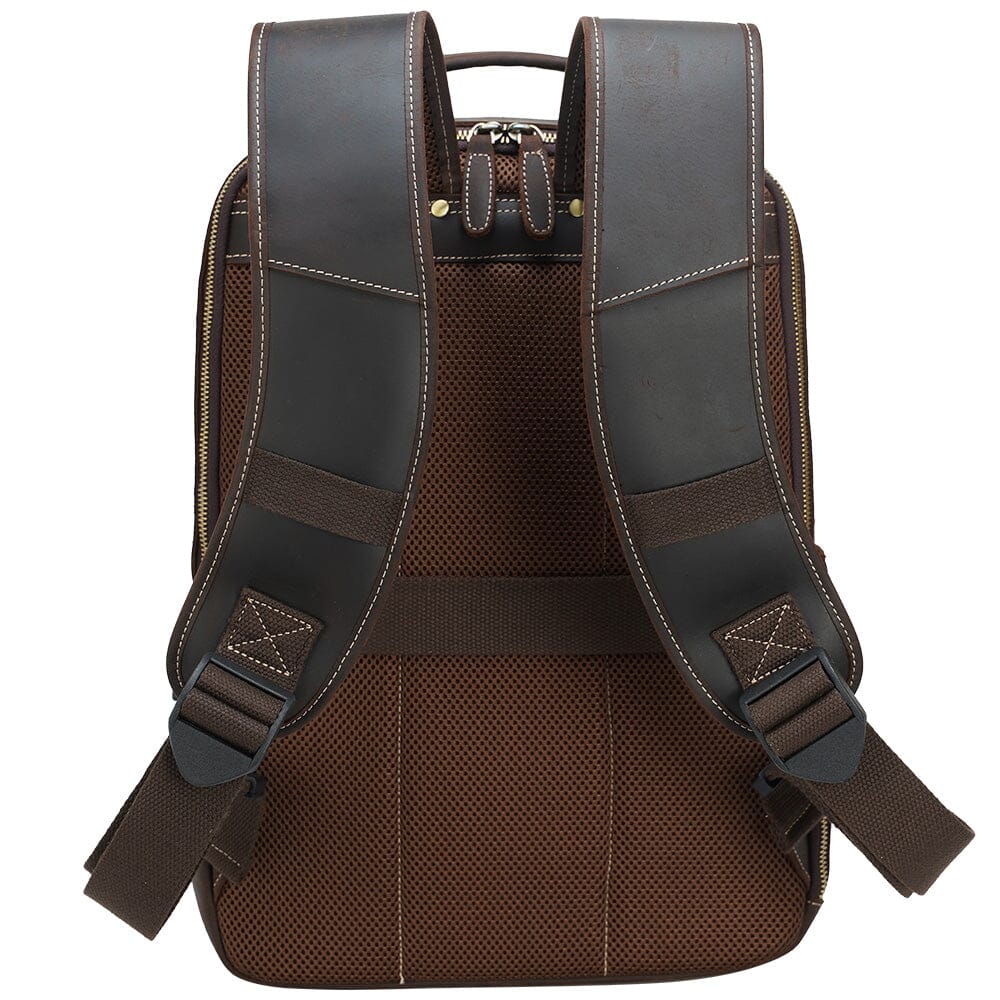 brown work leather backpack with luggage pass through