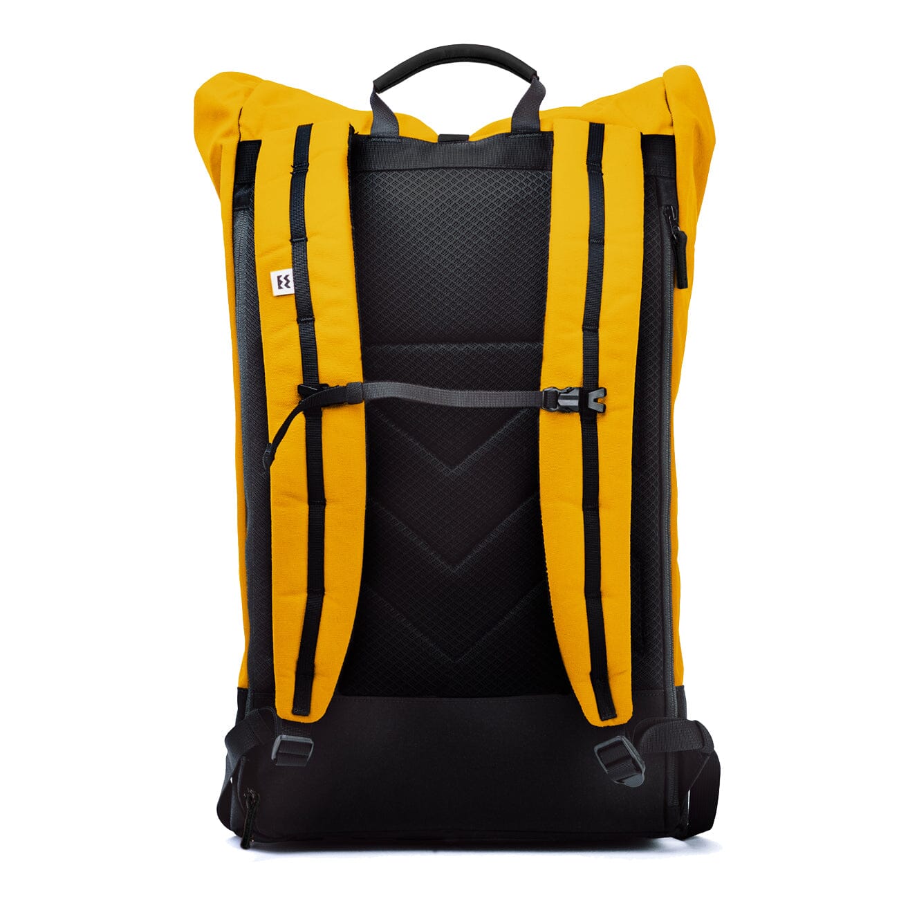 back view of the recycled plastic backpack in yellow color from mero mero brand